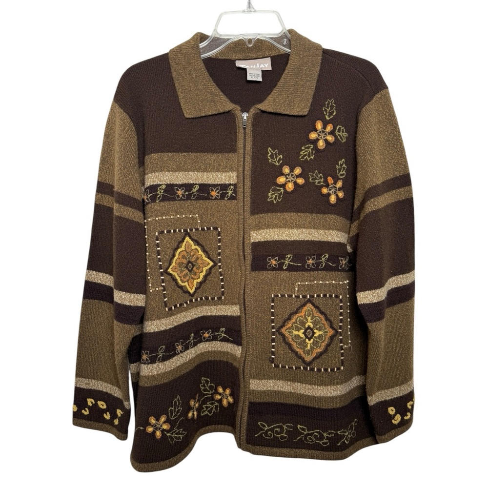 Vtg Granny Boho Floral Embroidered Cardigan Sweater Size XL Brown Tan Striped